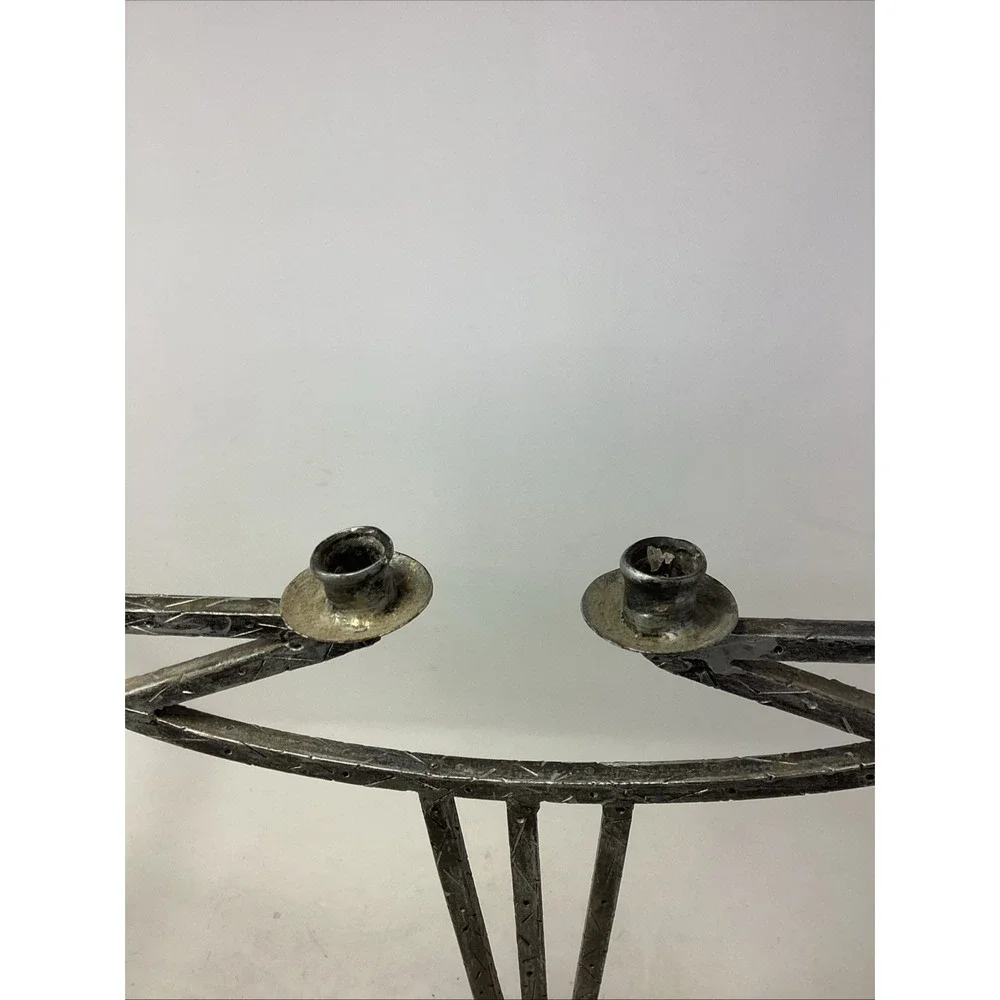 Pair MCM Brutalist Wrought Iron Candlesticks Hand Forged Double Sm Taper 14x14